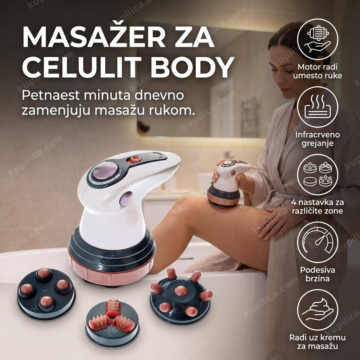 žena koristi beli masažer za celulit body sa 4 nastavka u kupatilu, benefiti proizvoda