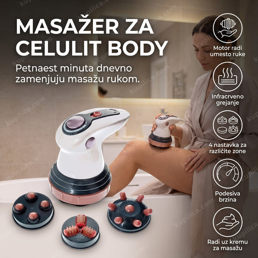 žena koristi beli masažer za celulit body sa 4 nastavka u kupatilu, benefiti proizvoda