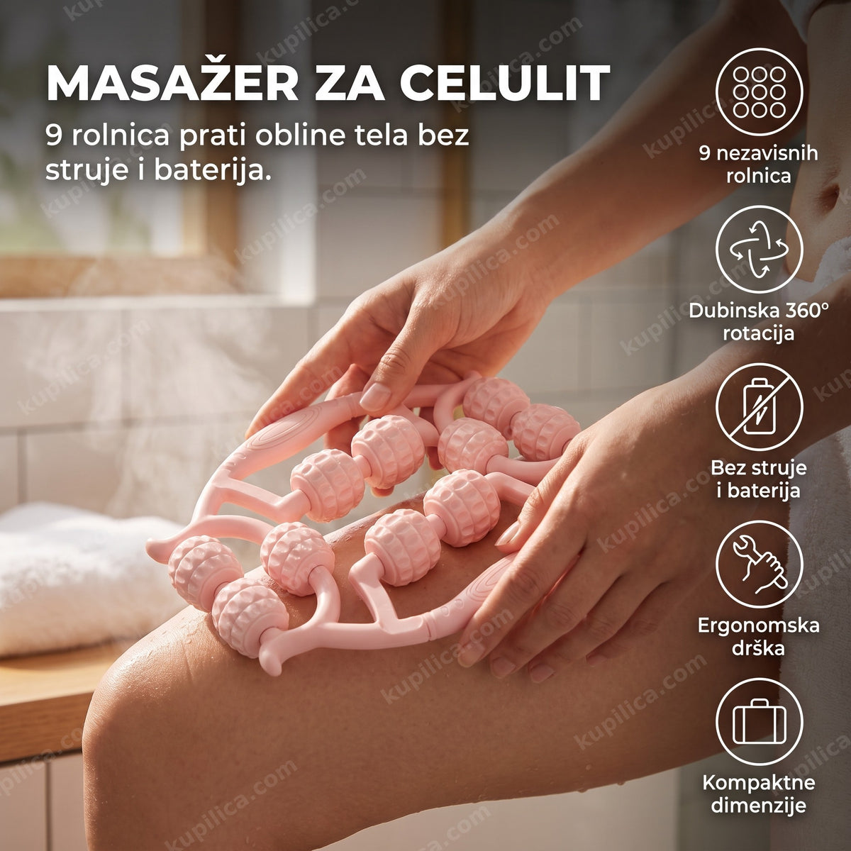 masažer za celulit sa 9 rolnica u ženskim rukama, benefiti proizvoda
