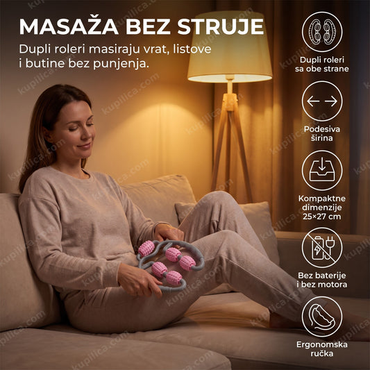 Masažer za celulit sa duplim rolerima roze u upotrebi na butini — benefiti proizvoda