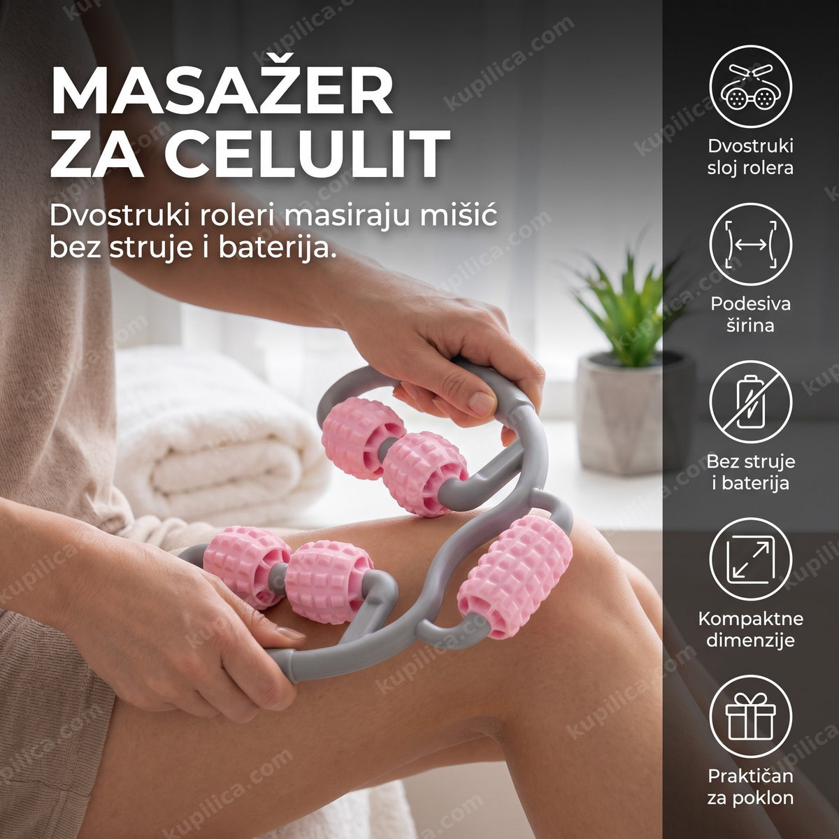 žena rukom drži roze masažer za celulit sa rolerima na butini, benefiti proizvoda