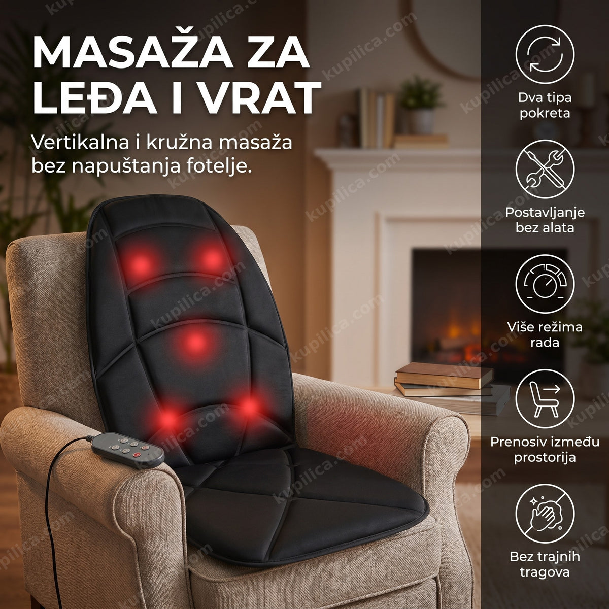 masažer za fotelju i sedište prebačen preko naslona u dnevnoj sobi