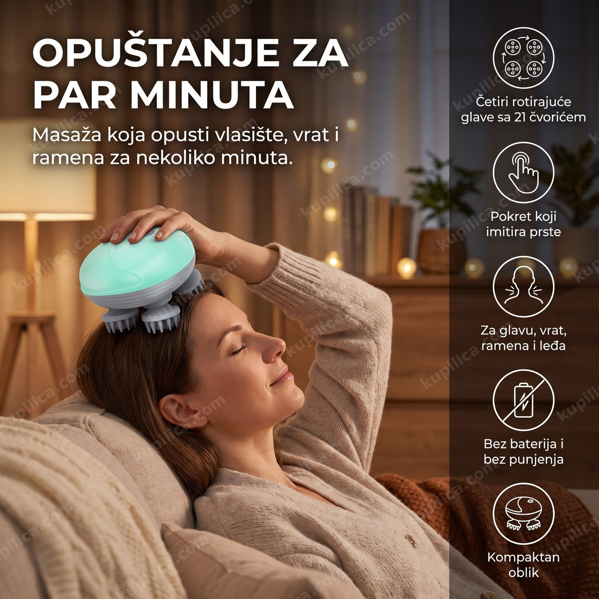masažer za glavu sa 4 rotirajuće glave u ruci osobe tokom opuštanja uveče, benefiti proizvoda