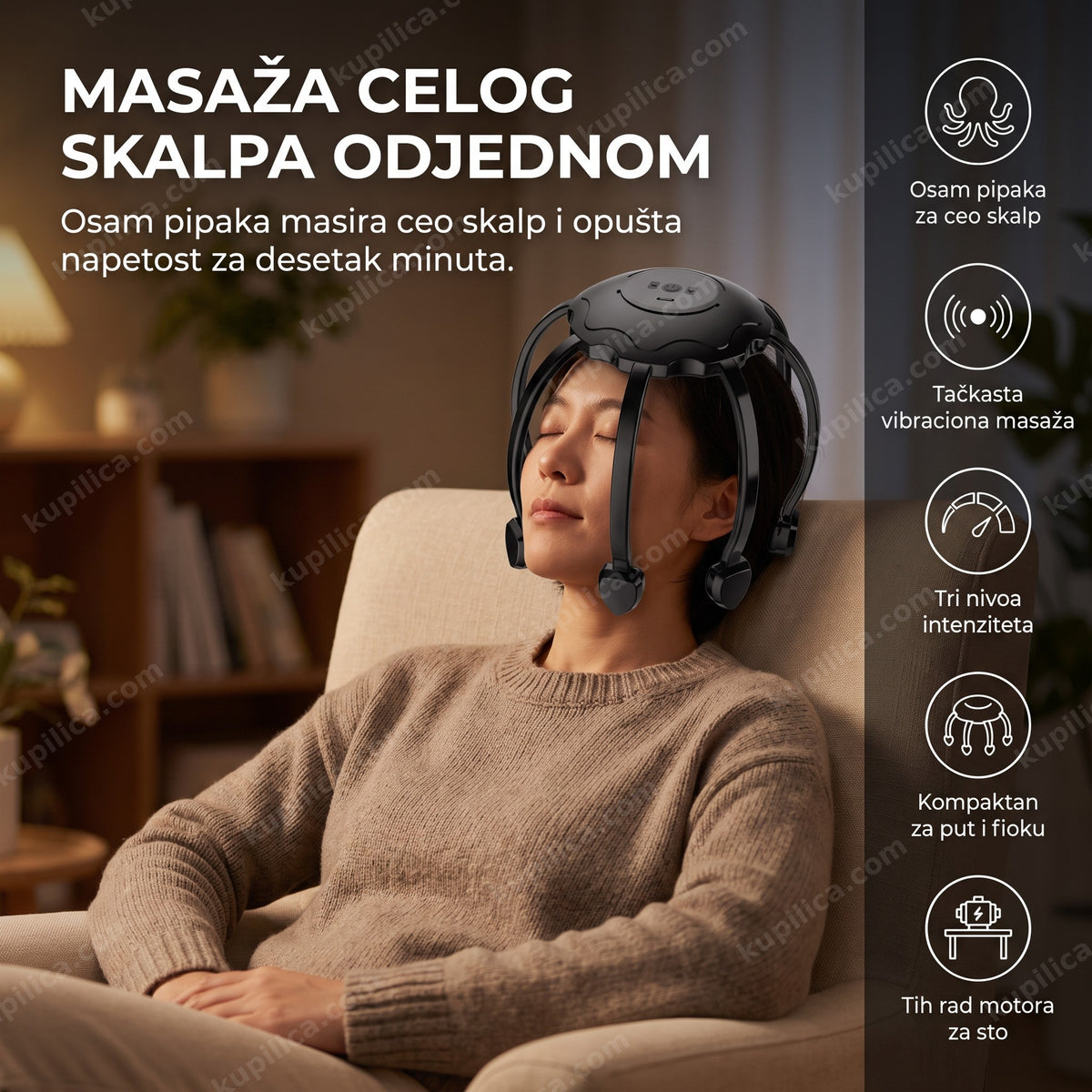 masažer za glavu octopus na temenu opuštene osobe kod kuće, benefiti proizvoda