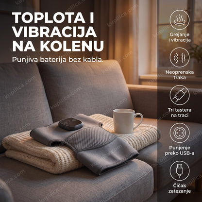 masažer za kolena sa grejanjem i vibracijom položen na sivu sofu uz ćebe