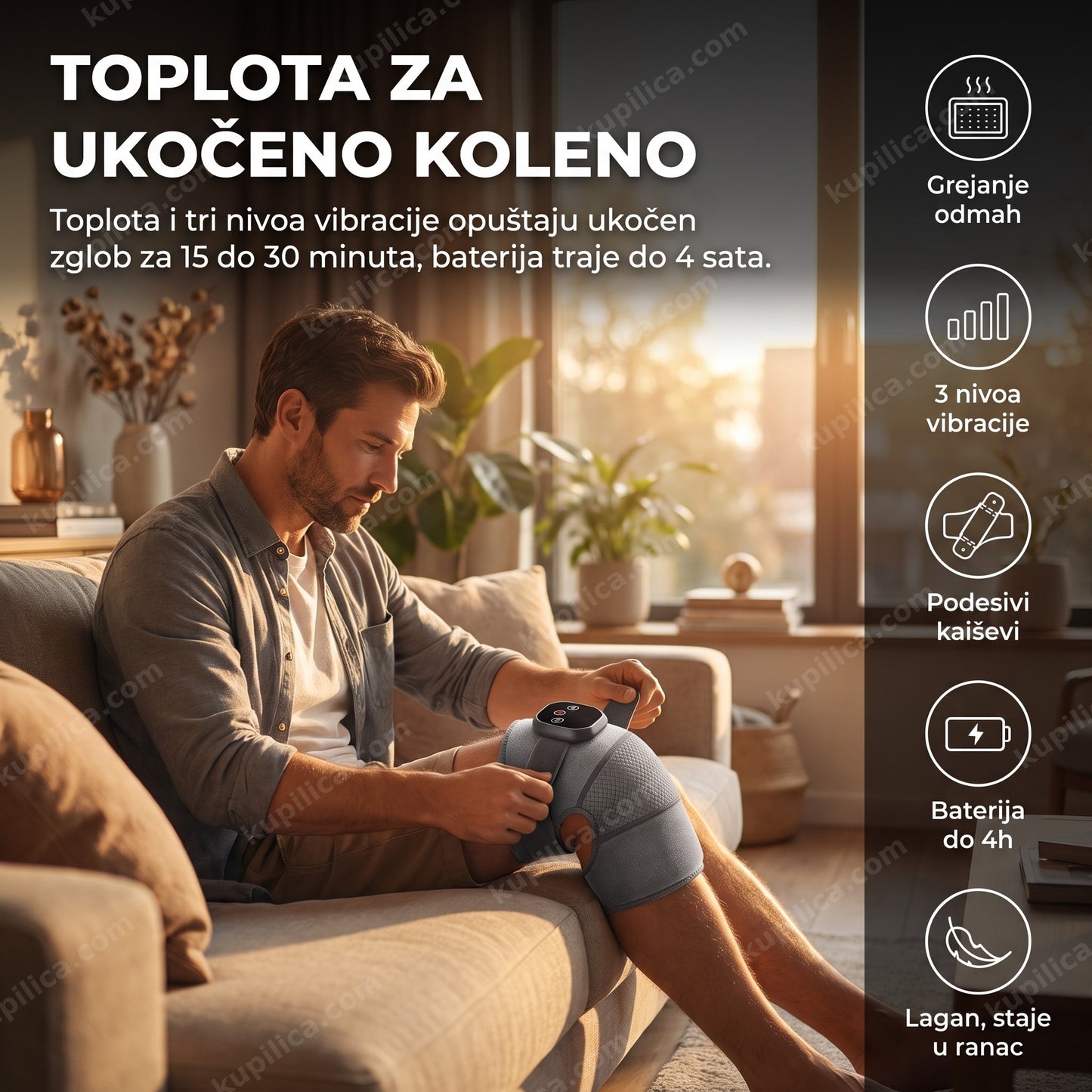 masažer za kolena sa grejanjem — muškarac stavlja grejnu i vibracionu oblogu na koleno u dnevnoj sobi, tri nivoa vibracije, baterija do 4 sata