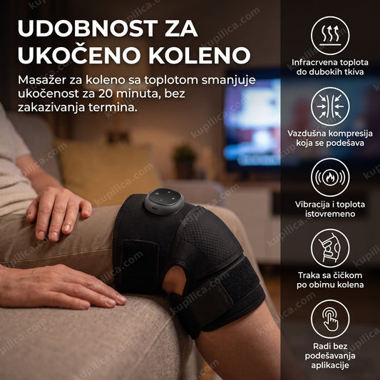 masažer za koleno sa toplotom na nozi osobe koja sedi uveče, benefiti proizvoda