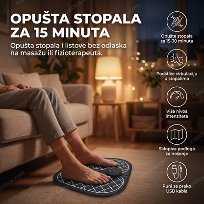 masažer za noge ems podloga sa stopalima odrasle osobe u dnevnoj sobi sa benefitima proizvoda