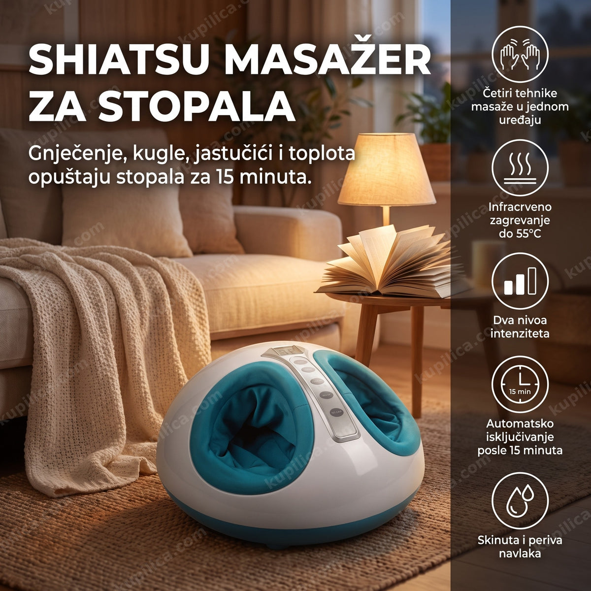 shiatsu masažer za stopala pored kauča sa knjigom, benefiti proizvoda