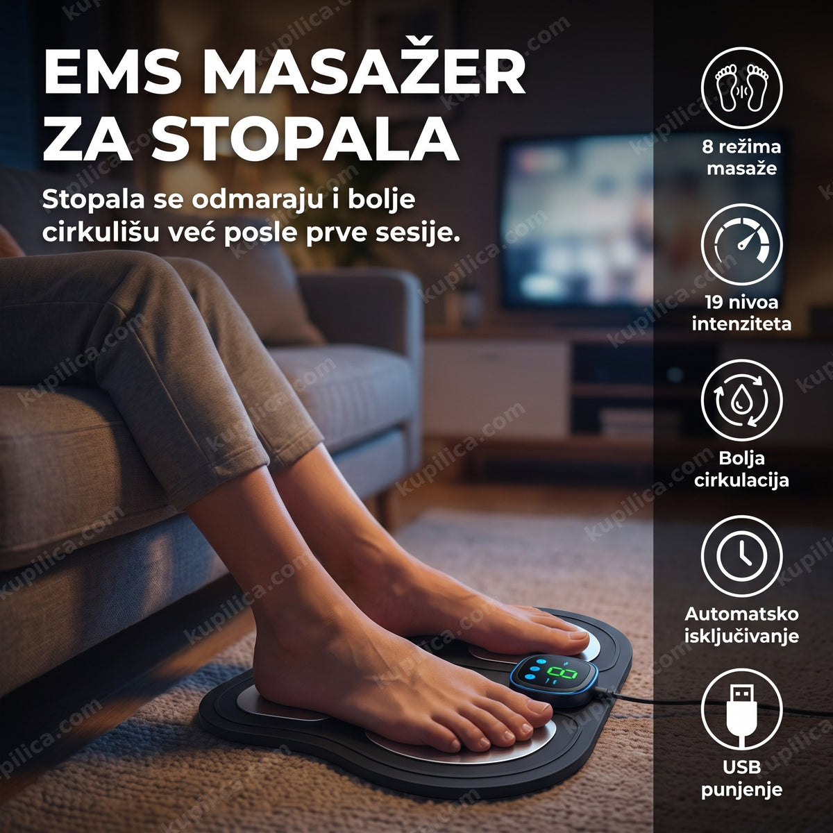 Stopala na crnoj EMS masažnoj podlozi u dnevnoj sobi, benefiti proizvoda