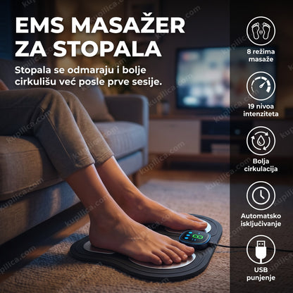 Stopala na crnoj EMS masažnoj podlozi u dnevnoj sobi, benefiti proizvoda
