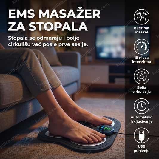 Stopala na crnoj EMS masažnoj podlozi u dnevnoj sobi, benefiti proizvoda