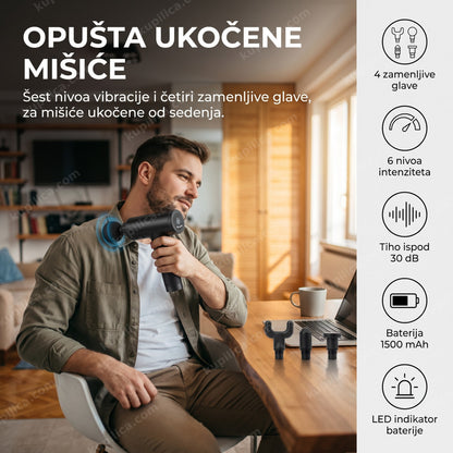 masažer za telo — muškarac za radnim stolom masira rame ručnim uređajem sa četiri zamenljive glave, šest nivoa vibracije, baterija 1500 mAh