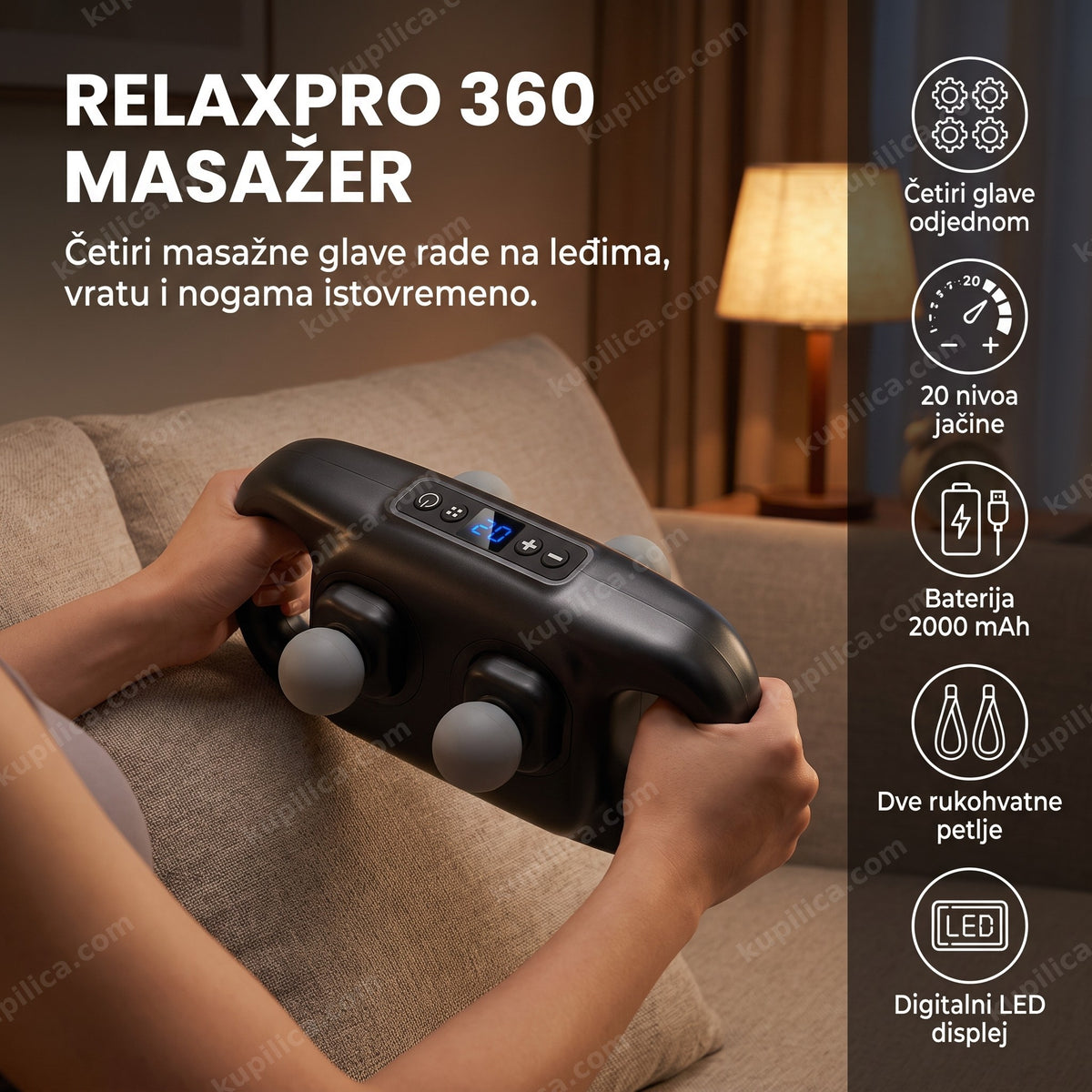 masažer za telo relaxpro 360 u upotrebi na leđima sa prikazom benefita proizvoda