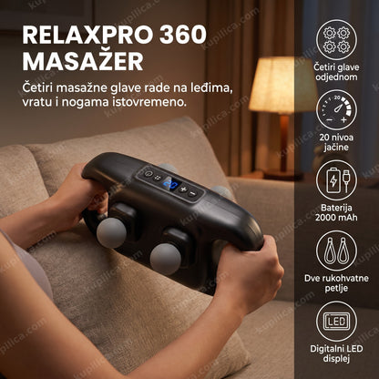 masažer za telo relaxpro 360 u upotrebi na leđima sa prikazom benefita proizvoda