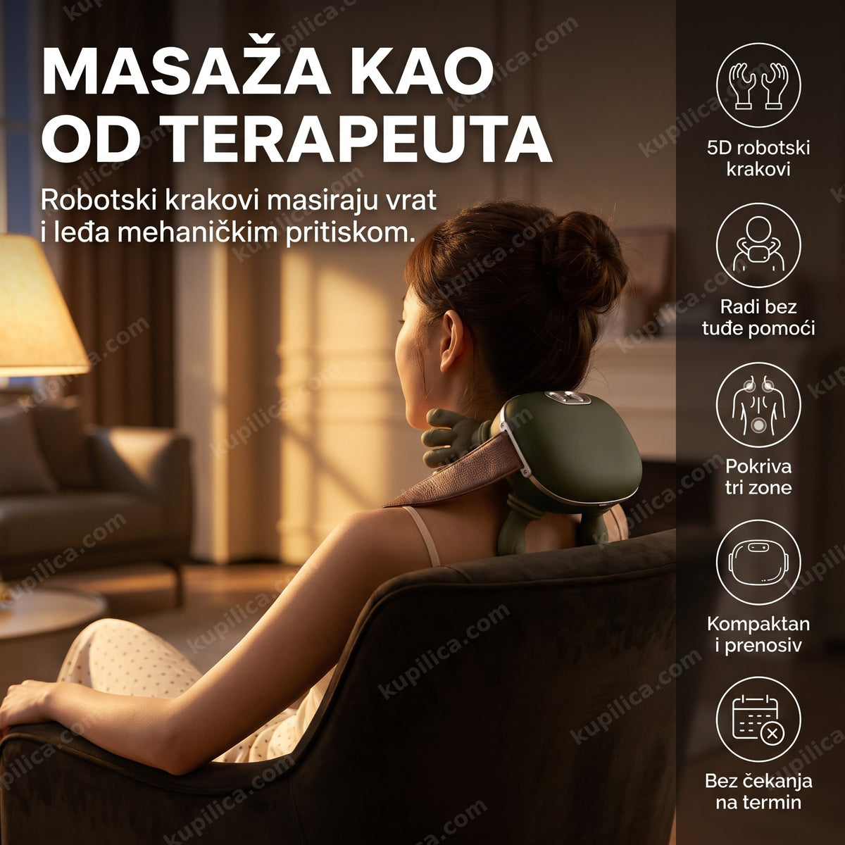 masažer za vrat i leđa RoboTouch PRO na odrasloj osobi u fotelji, benefiti proizvoda
