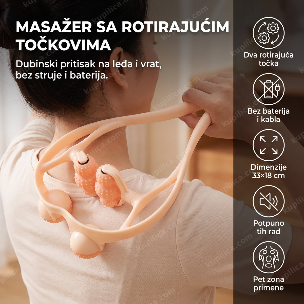 odrasla osoba koristi masažer za vrat i leđa sa rotirajućim točkovima, benefiti proizvoda