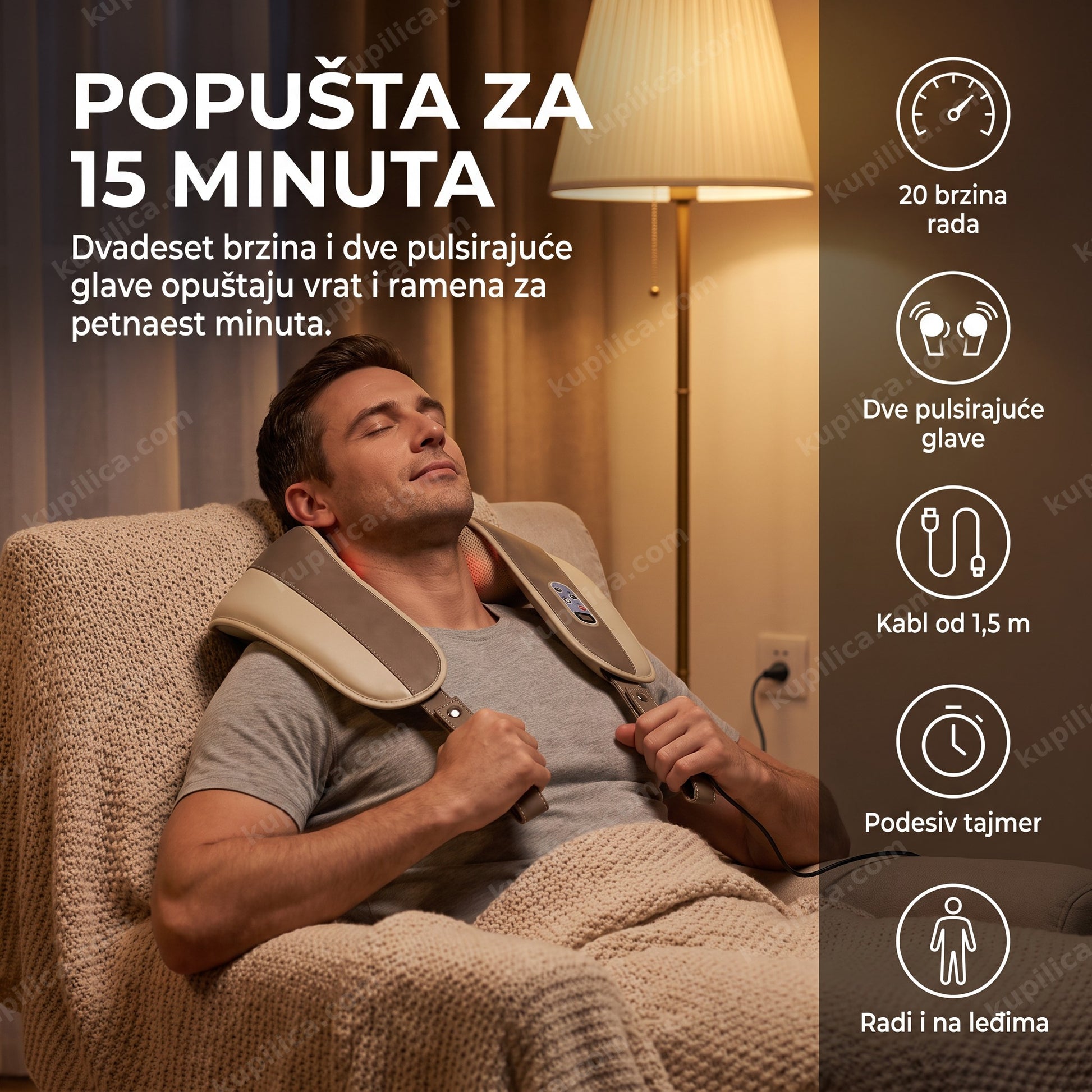 Osoba koristi električni masažer za vrat i ramena sa dve pulsirajuće glave u fotelji