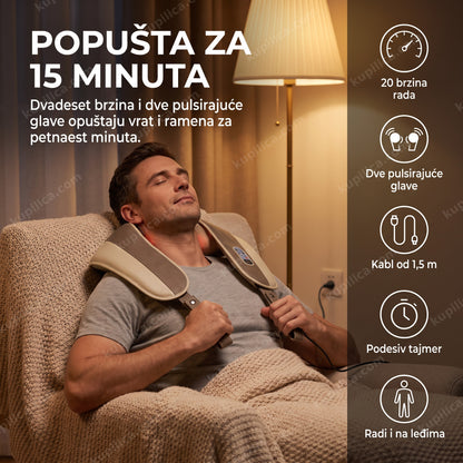 Osoba koristi električni masažer za vrat i ramena sa dve pulsirajuće glave u fotelji