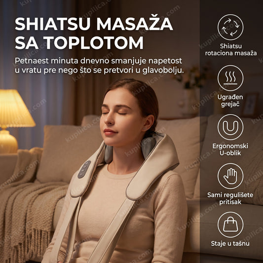 masažer za vrat i ramena sa grejačem na ženi u dnevnoj sobi, prikaz benefita proizvoda