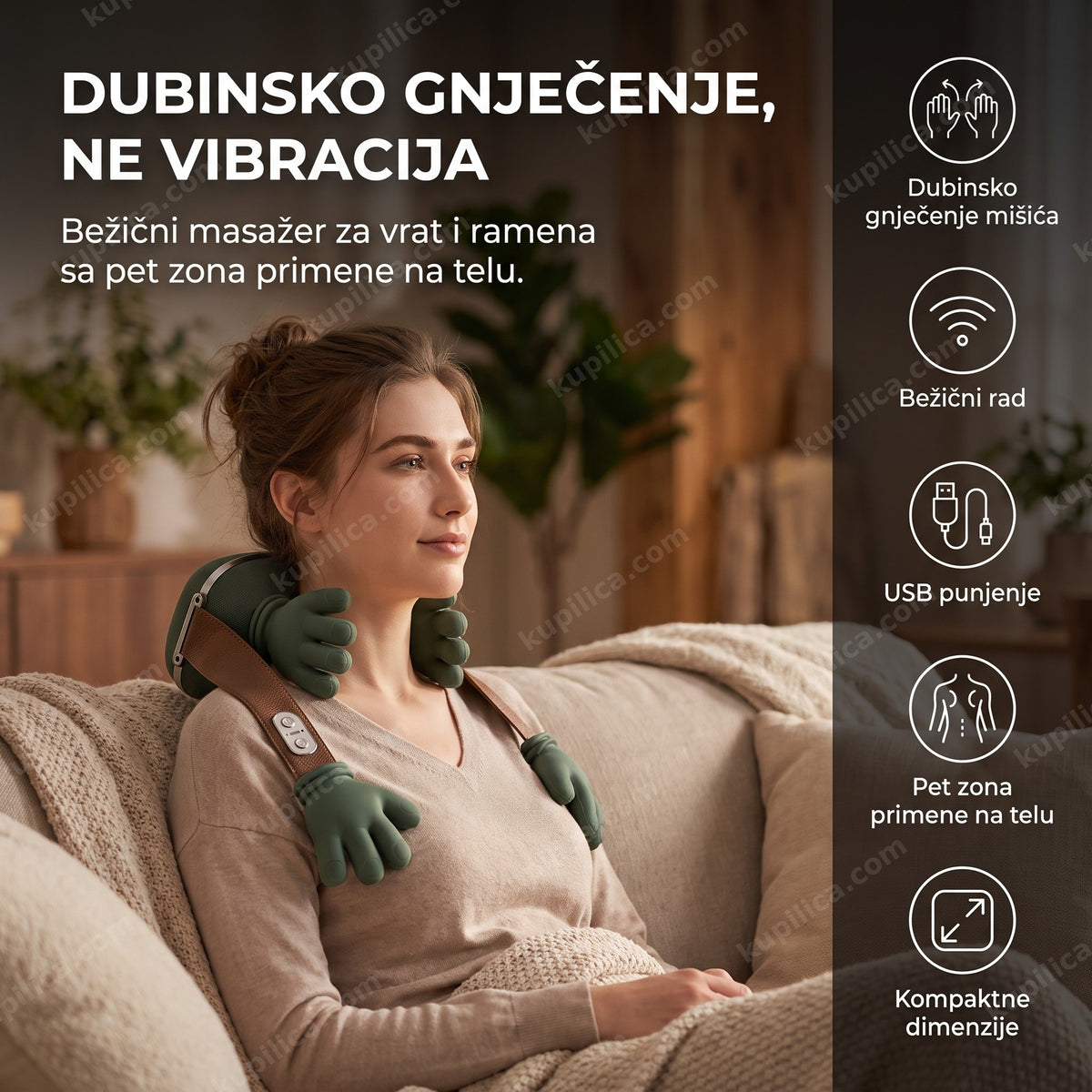 bežični masažer za vrat i ramena na ramenu odrasle osobe u dnevnoj sobi, benefiti proizvoda