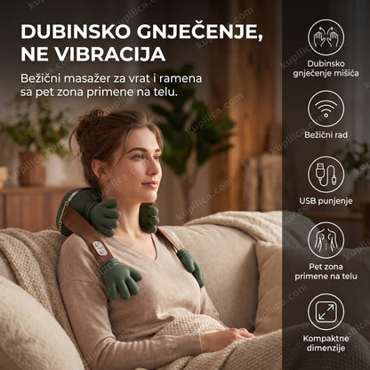 bežični masažer za vrat i ramena na ramenu odrasle osobe u dnevnoj sobi, benefiti proizvoda