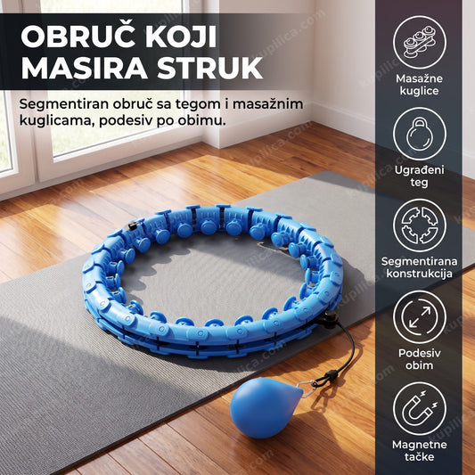 Plavi masažni obruč za vežbanje sa tegom na fitnes podlozi, benefiti proizvoda