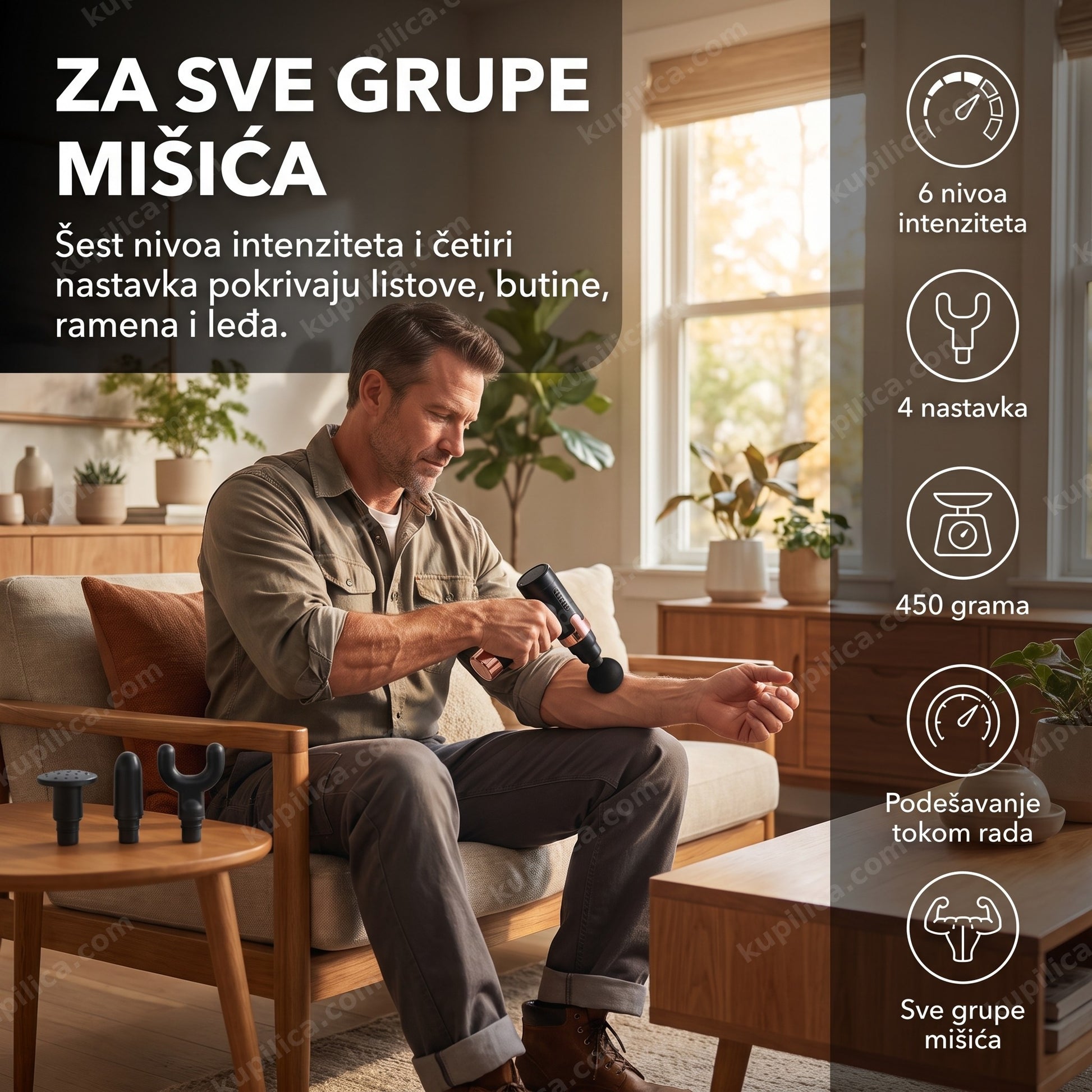 masažni pištolj — muškarac posle rada u bašti masira podlakticu uređajem JY-760 sa četiri nastavka, šest brzina, 450 grama