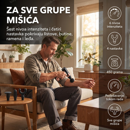 masažni pištolj — muškarac posle rada u bašti masira podlakticu uređajem JY-760 sa četiri nastavka, šest brzina, 450 grama