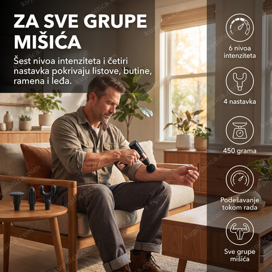 masažni pištolj — muškarac posle rada u bašti masira podlakticu uređajem JY-760 sa četiri nastavka, šest brzina, 450 grama