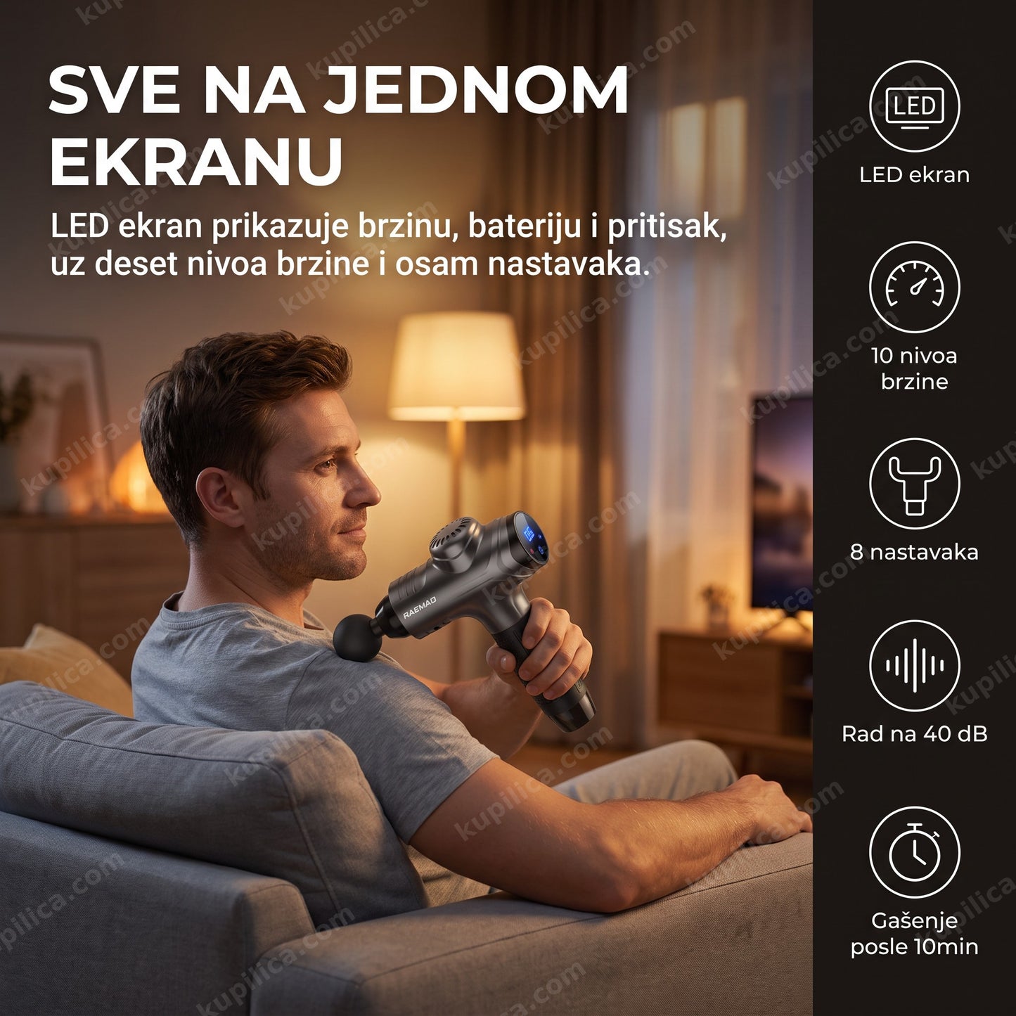 masažni pištolj — muškarac uveče na kauču masira rame uređajem RAEMAO X6 sa LED ekranom, deset nivoa brzine, osam nastavaka