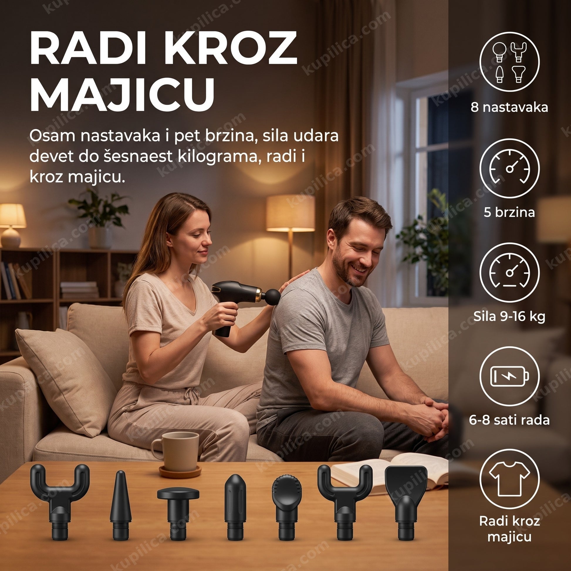 masažni pištolj — žena masira leđa partneru na kauču uređajem KH-920 sa osam nastavaka, pet brzina, sila udara 9 do 16 kg