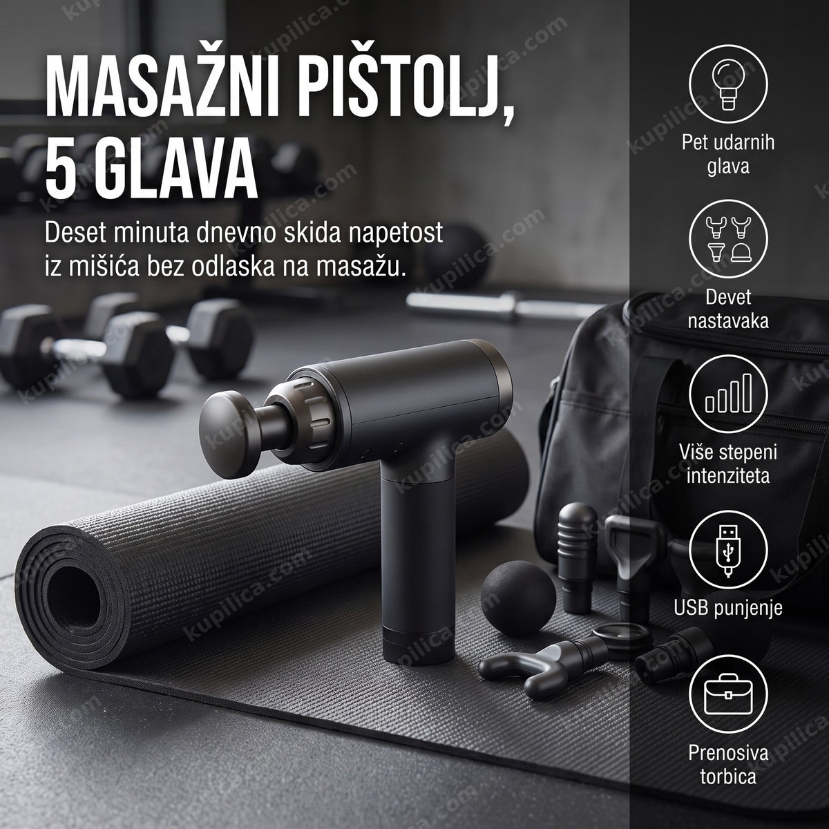 Masažni pištolj sa nastavcima za dubinsku masažu poređan na fitnes prostirci