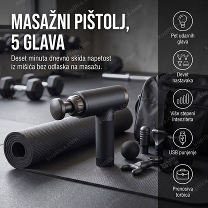 Masažni pištolj sa nastavcima za dubinsku masažu poređan na fitnes prostirci