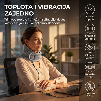 masažni pojas za vrat — žena za radnim stolom nosi pojas sa grejanjem i vibracijom, tri nivoa toplote, tri režima vibracije, devet kombinacija