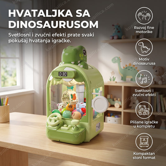 Mašina hvataljka za igračke dinosaurus u dečjoj sobi sa plišanim igračkama