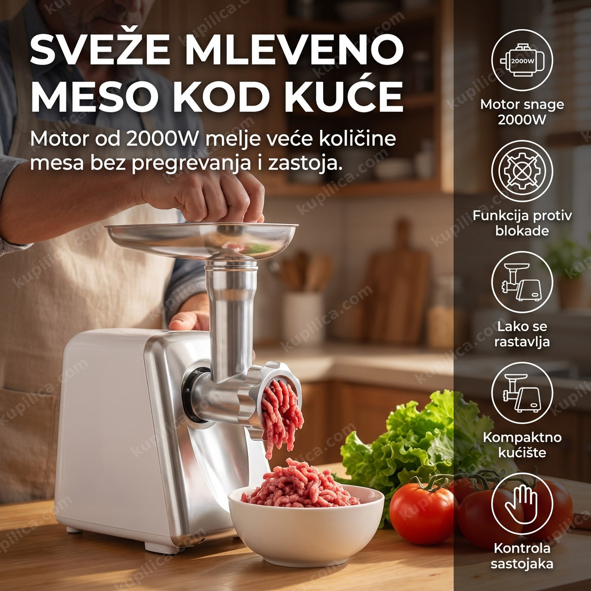 Mašina za mlevenje mesa BOMA 2000W u kuhinji sa prikazom benefita proizvoda