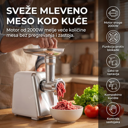 Mašina za mlevenje mesa BOMA 2000W u kuhinji sa prikazom benefita proizvoda