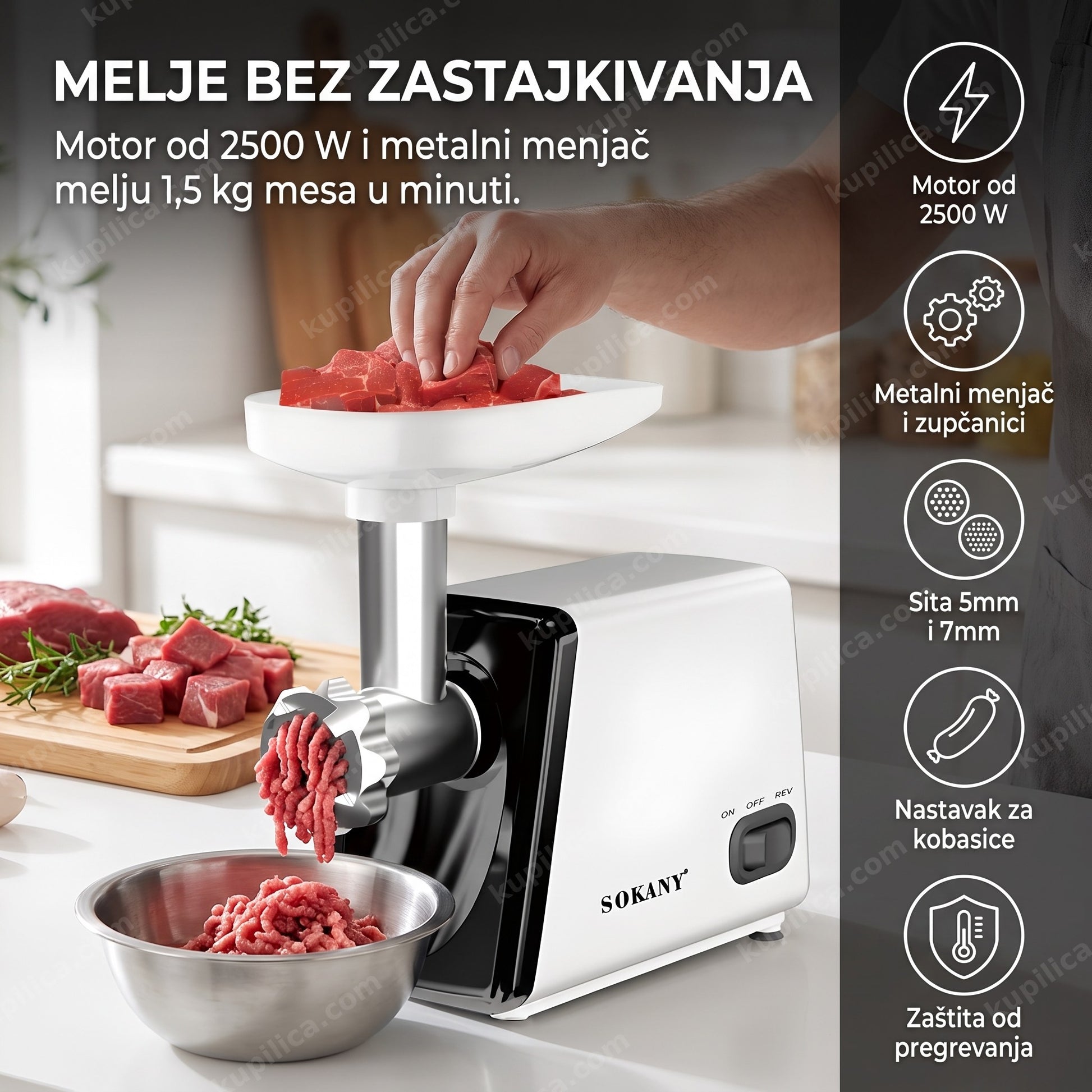 mašina za mlevenje mesa sk-312 — punjenje mesa u mašinu na kuhinjskom stolu, motor od 2500 w, metalni menjač i zupčanici, sita 5mm i 7mm