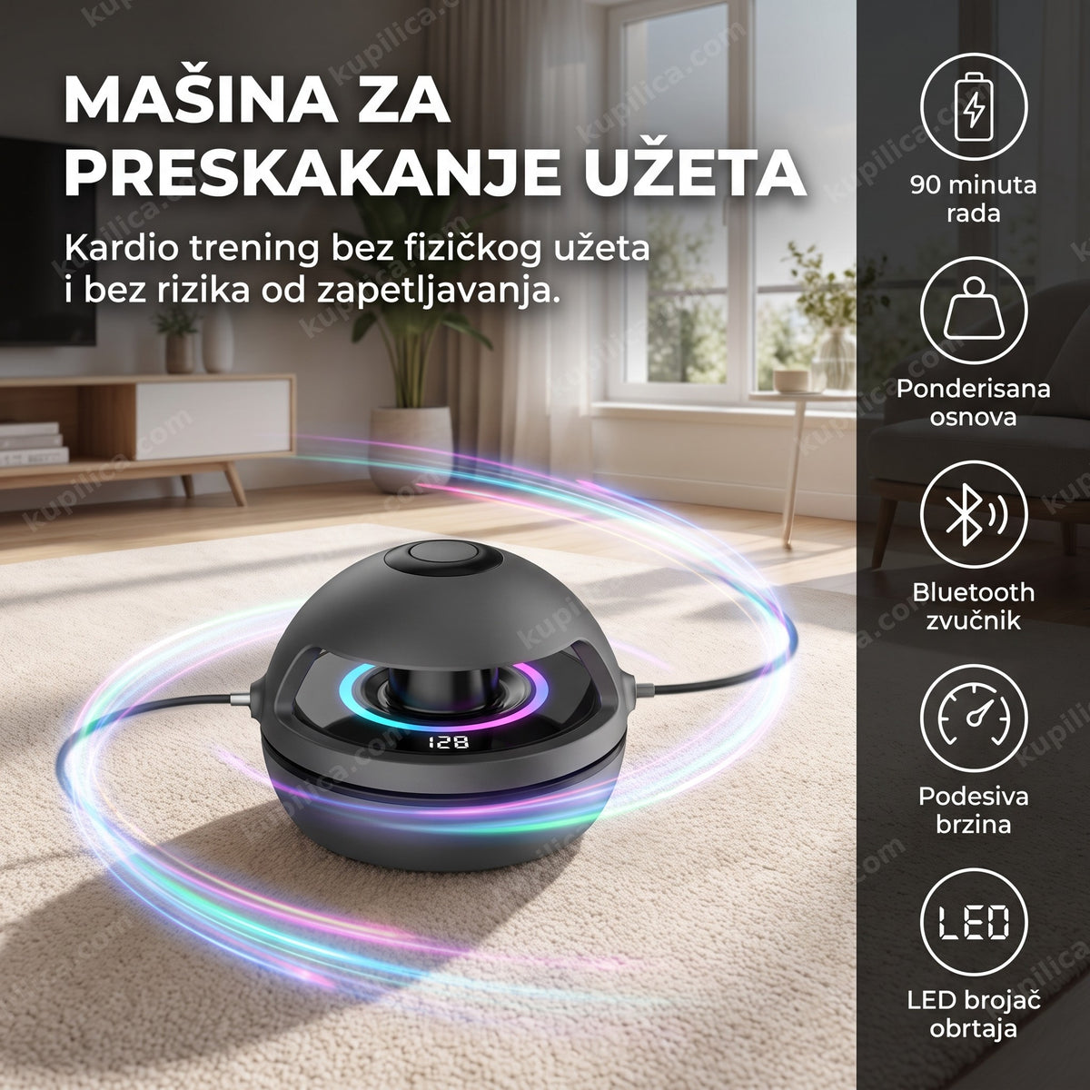 Crna mašina za preskakanje užeta sa LED svetlom na podu dnevne sobe, prikaz benefita