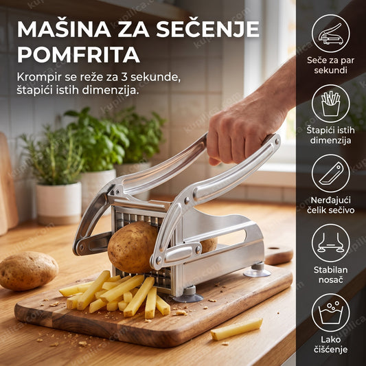 mašina za sečenje pomfrita na kuhinjskom radnom stolu, prikaz benefiti proizvoda