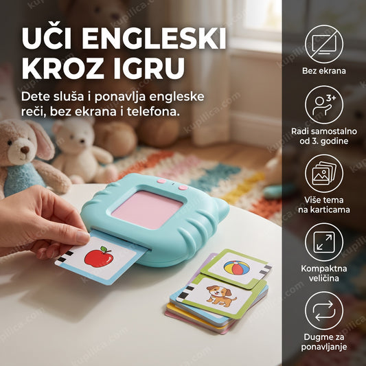 mašina za učenje engleskog za decu sa zvučnim karticama na stolu u dečijoj sobi, benefiti proizvoda