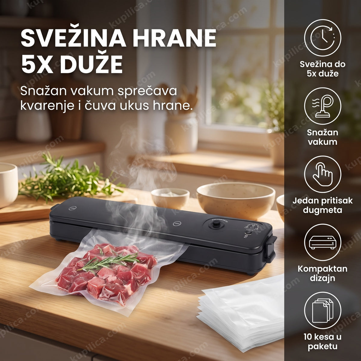 mašina za vakumiranje hrane sa mesom i povrćem u kuhinji, benefiti proizvoda