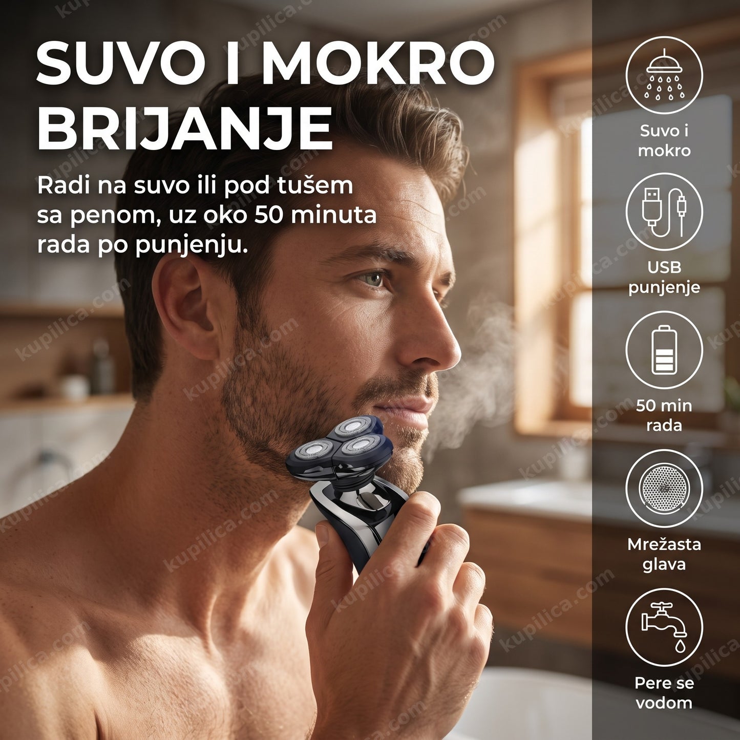 mašinica za brijanje — muškarac se brije pod tušem mašinicom sa mrežastom glavom, usb punjenje traje oko 50 minuta rada
