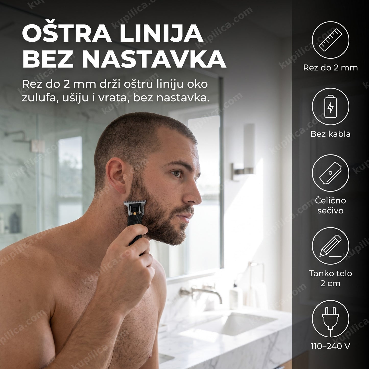 mašinica za precizno šišanje — muškarac oblikuje zulufe i konturu brade tankim sečivom, rez do 2 mm, punjiva bez kabla