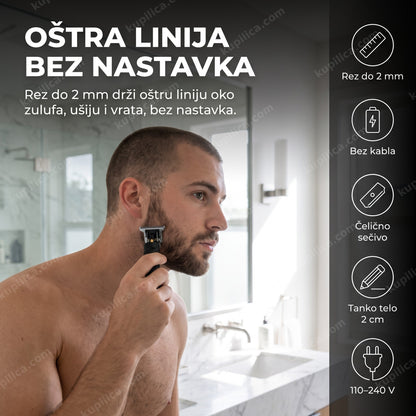 mašinica za precizno šišanje — muškarac oblikuje zulufe i konturu brade tankim sečivom, rez do 2 mm, punjiva bez kabla