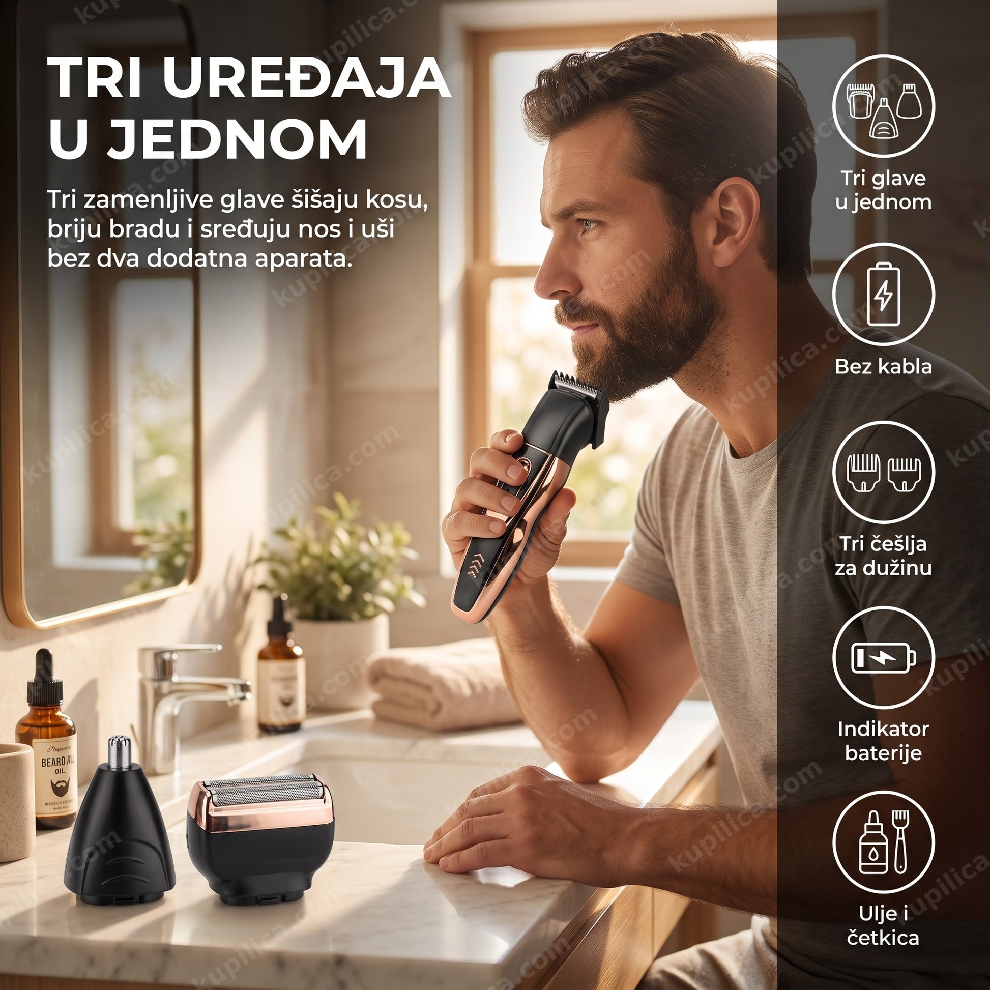 mašinica za šišanje 3u1 — muškarac oblikuje bradu trimerom sa tri glave, punjiva bez kabla, tri češlja za dužinu