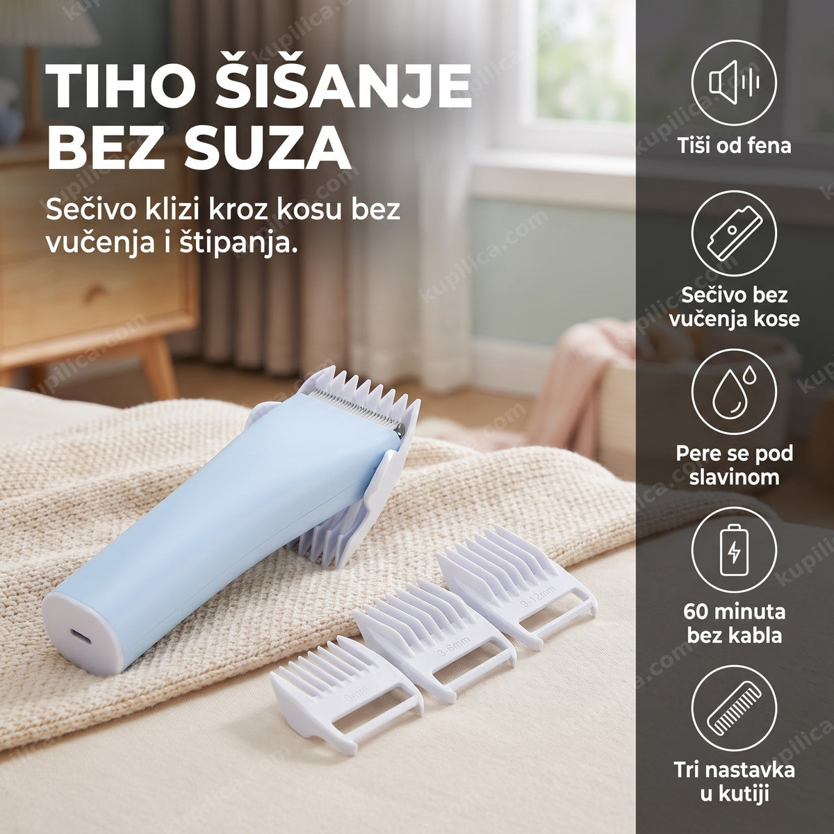 plava vodootporna mašinica za šišanje beba sa tri nastavka na stolu