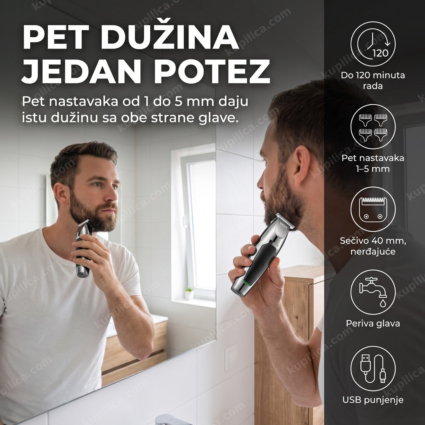 mašinica za šišanje kose i brade — muškarac šiša bradu pred ogledalom, benefiti proizvoda