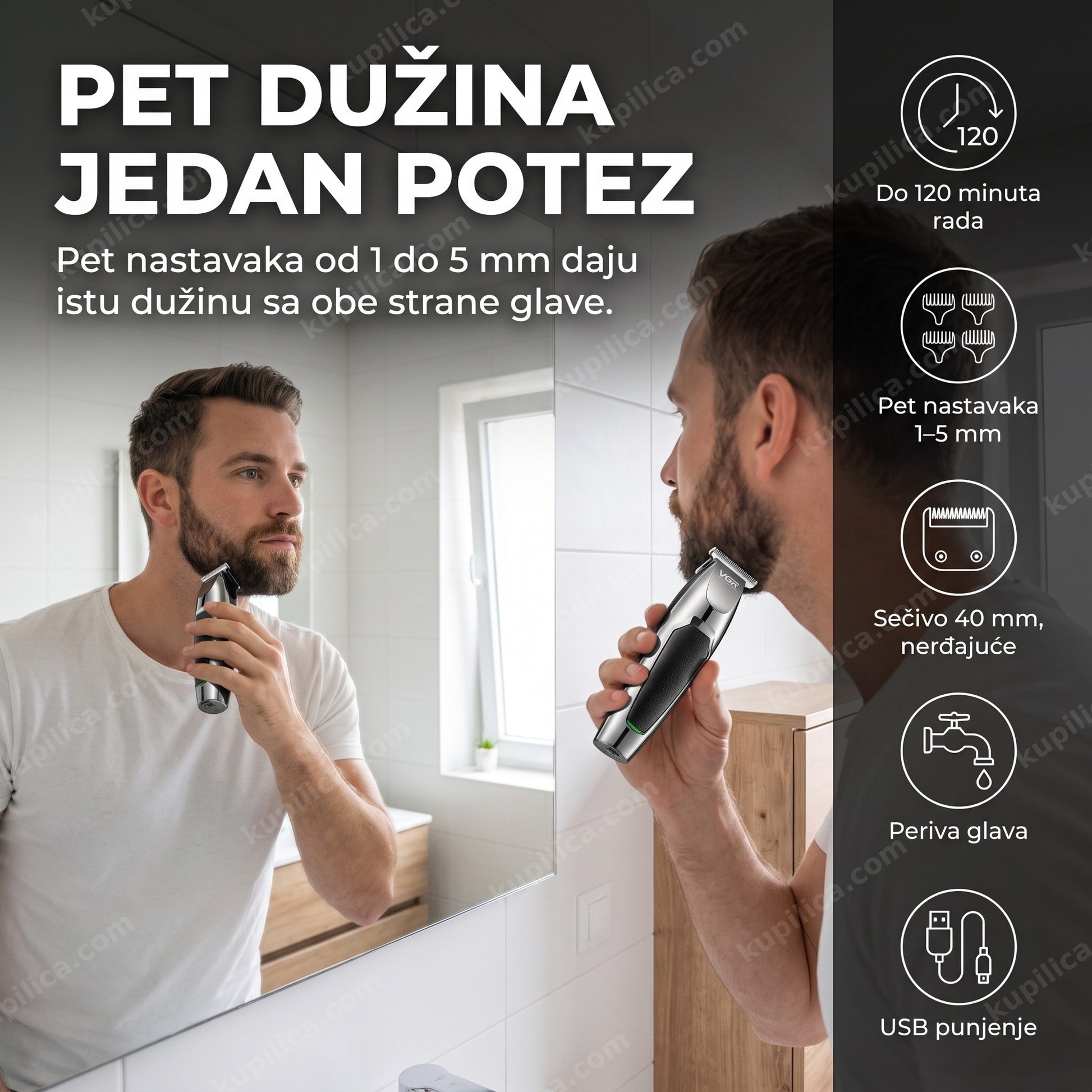 mašinica za šišanje kose i brade — muškarac šiša bradu pred ogledalom, benefiti proizvoda